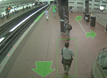 A snapshot of a software interface shows a video feed of a subway station, with a green box around a man walking, and green arrows showing possible routes.