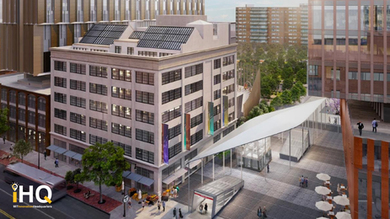 Illustration of city street with E38 building in the center