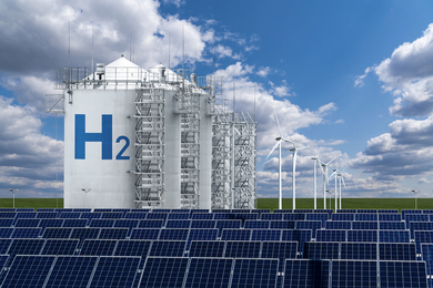 Conceptual illustration of a hydrogen plant with solar panels in foreground and wind turbines in the background.