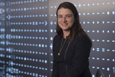 Portrait photo of Bilge Yildiz standing before a wall of mathematical symbols
