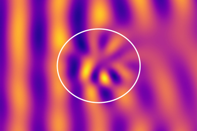 Image of computer simulation showing orange and purple bands with a central area that is circled and more turbulent