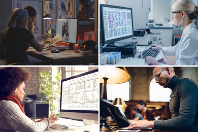 Four-way split image featuring photos of professionals using computers: Two game designers in an office filled with character drawings, a scientist in a lab, an architect working on a design rendering, and an historian in an old library.