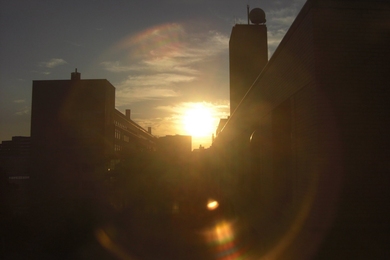 Photo of the sun rising over MIT