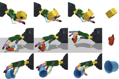 Three by three grid of time-series images of a robot hand grasping three different objects