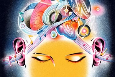 A colorful illustration of auditory perception shows musical staffs going through a cartoon head’s ears and into its brain
