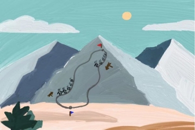 A painted cartoon of a mountain with paths leading up and down and stick figures on the paths