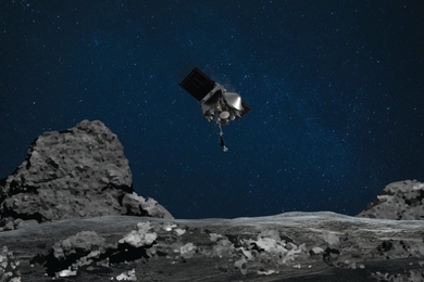 Photorealistic illustration of the OSIRIS-REx spacecraft, silver with a cone front and two wings, hovering above a grey, rocky surface with a dark blue background scattered with faint stars.