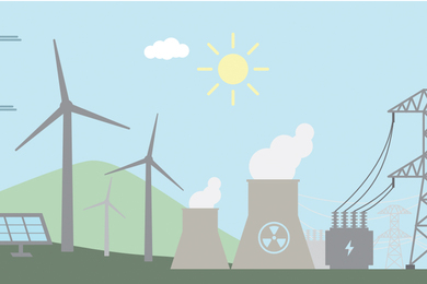 Illustration of solar panels, wind turbines, power plant stacks, battery storage, and power lines.