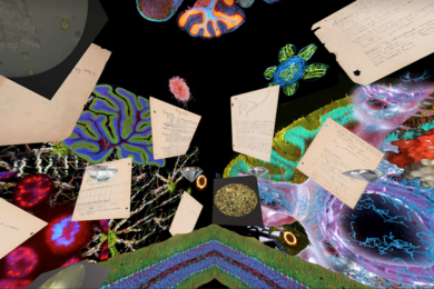 A collage of images of notebook pages suspended in space with brightly colored microscopic images