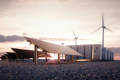 Photo of a sunrise/sunset backlighting a composite image of solar panels, storage blocks, and wind turbines