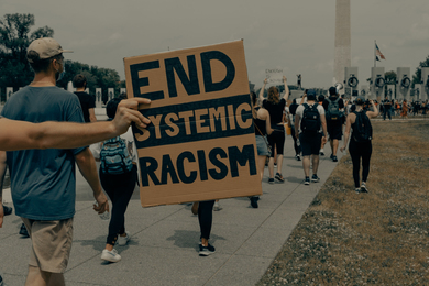 Photo of people marching toward the Washington Monument at the Black Lives Matter protest in Washington DC, focused on a cardboard sign reading “End Systemic Racism"