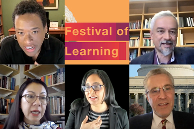 Compilation of five screenshots of individual MIT professors speaking on Zoom