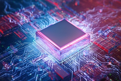 Color enhanced photo of a microchip on a circuit board glows with blue and purple light