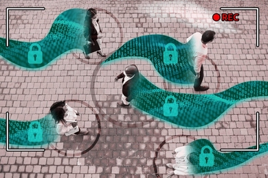 Abstract illustration of an overhead view of people walking down a brick sidewalk, leaving data trails, inside a video recording frame