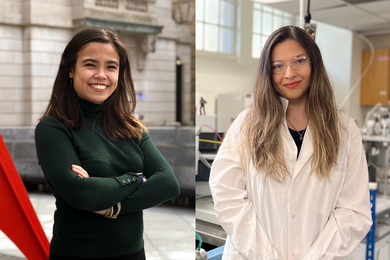 Photos of Malena Rice with her arms crossed and Eva Scheller in a white lab coat.