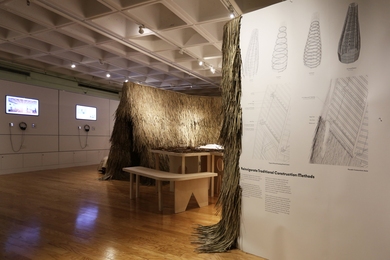 Installation view of shelter created by MIT students and alumni in the MIT Wiesner Student Art Gallery 