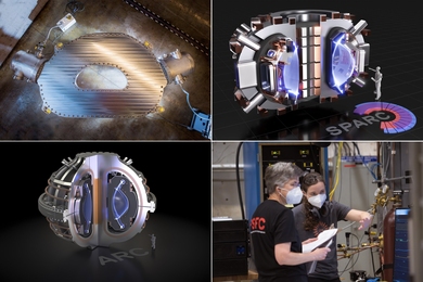 Schematic images of SPARC and ARC, and photos of a magnet test facility and two people working at PSFC