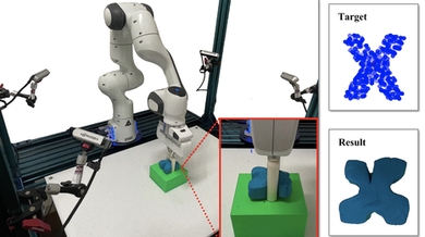 Robotic arm squishes a block of play dough into an x shape
