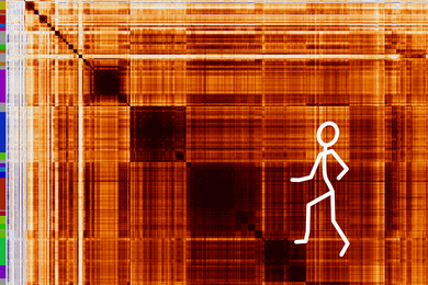 Orange-tinted pattern of horizontal and vertical lines. At far left, a sequence of lines in many colors. Superimposed on the image is a white stick figure of a human.