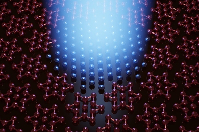 Realistic graphic showing an array of star-shaped atomic models illuminated by a central blue light. Where light shines, the models are replaced by standalone spheres.