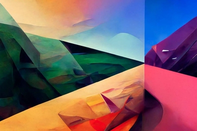 Colorful abstract painting that seemingly depicts rolling hills, mountains, and sky. The lands are colored green, yellow, purple and pink, with different amounts of light. The sky is largely blue.