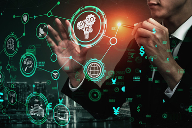 Photo illustration of a man drawing his ideas on an invisible wall