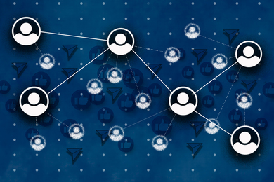 Illustration shows People Icons connected by lines in a social network, on blue background