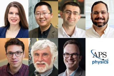 Two by four grid of headshots of seven new APS Fellows, plus the "APS physics" logo