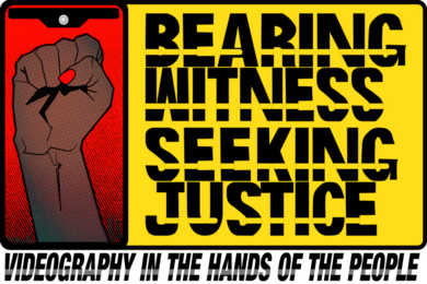 A graphic that reads "Bearing Witness, Seeking Justice" in a broken font on a yellow background beside a raised brown-skinned fist with painted fingernails on a red background.