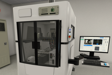 Virtual reality depiction of a die bonder machine, which looks like a large white box with a window looking into protected machinery. An attached arm holds a desktop computer screen and keyboard. 