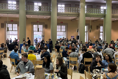 Wide view of crowded lunch tables