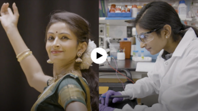 Side by side shots of Shriya Srinivasan dancing in green dress on right and observing samples in lab in white coat on right