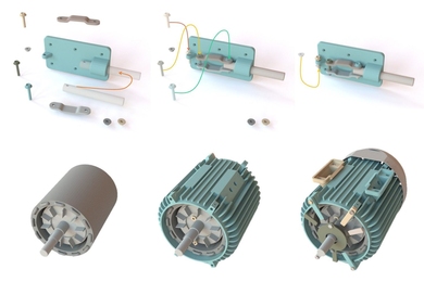 Illustration showing manufacturing parts in the simulation pipeline. In top three panels, a rod and several nuts and bolts are being fastened to a rectangular plate; in the bottom three panels, a cylindrically shaped motor is being assembled.