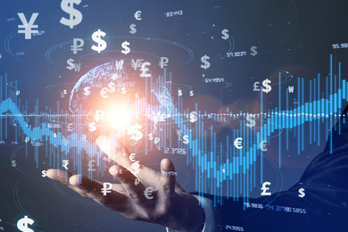 Currency symbols, bar chart, and a businessman’s hand with glowing light