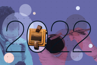 The year "2022" is printed across a purple background, with various images of some of this year's popular stories flashing in the zero of "2022".