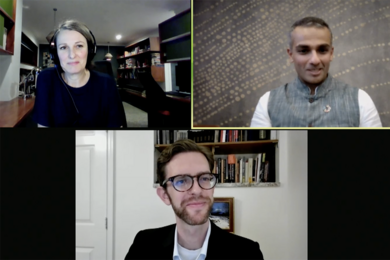 Online conference screen featuring three individuals: Deanna Kemp, Rohitesh Dhawan, and Scott Odell