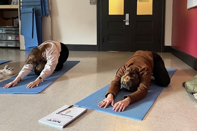 Two students on yoga mats kneel and stretch forward as far as they can, faces down and hands flat on the floor in front of them.