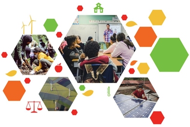 Four small hexagons on a white field with smaller abstract images. Each large hex contains a photo representing either alternative energy or education.