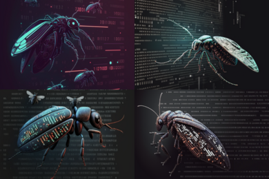 Two by two grid featuring four darkly colored graphic illustrations of insects with digital markings appearing before streams of computer code