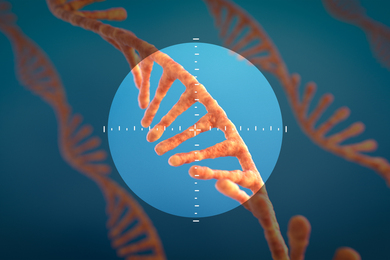 Close-up image of center orange RNA strand with shooting target graphic on blue background. Two other RNA strands surround the center strand in blurry background.