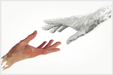 Two computer-generated hands reach out to each other from opposite corners of the image. One is a rendering in shades of light human skin tones. The other is a rendering in grayscale with underlying wireframe.