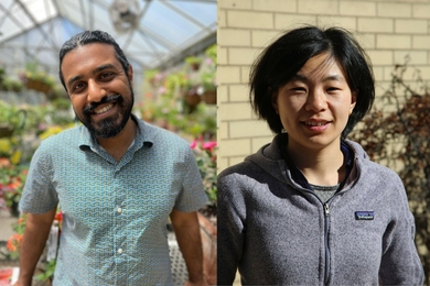 Photo of Gokul Sampath standing in a greenhouse of flowers, next to a photo of Jie Yun standing outside with a tan brick wall for background
