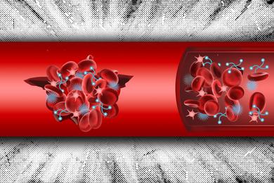 A tubular red vein is on a decorative background. Inside, 2 clumps of red blood cells are clotting, thanks to two types of nanoparticles, depicted as light blue and white icons.