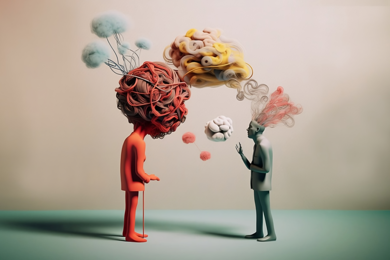 Abstract 3D illustration features a red humanlike figure with an oversized head that looks like a ball of rubber bands. It stands next to smaller human figure with swirls coming out of its head. Between the two figures are circular cloudlike objects.