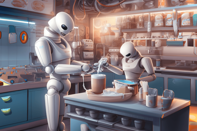 Illustration of two humanoid robots standing in a kitchen, mixing fluids on a table to make a batter