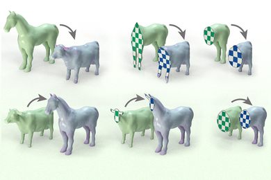 2 rows of 3 images each. The images compare models of a horse and cow’s volume. The 3D models are sliced like clay, and the inside of the figures show a checkerboard of white and green or blue patterns. In the images comparing the volume of the two sliced figures, the checkerboards show the same number of squares, but the squares are stretched and pulled.