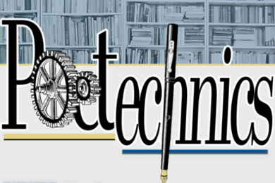 “Poetechnics” logo with a mechanical gear inside the word "poet," a fountain pen forming part of the lower-case "h," and a bookshelf in the background.
