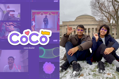 Split screen with a purple image on the left that says CoCo, and on the right, a photo of a man and woman sitting with the MIT dome behind them. Both are wearing purple tinted glasses and flashing a hand sign.