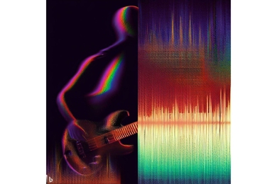 On the left side of the image is an outline (red, green, and blue) of a person playing guitar. On the right side of the image is a multi-colored spectrogram of guitar music.