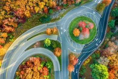 Aerial overhead view of several roadways converging into and separating out from a rotary amidst fall foliage.